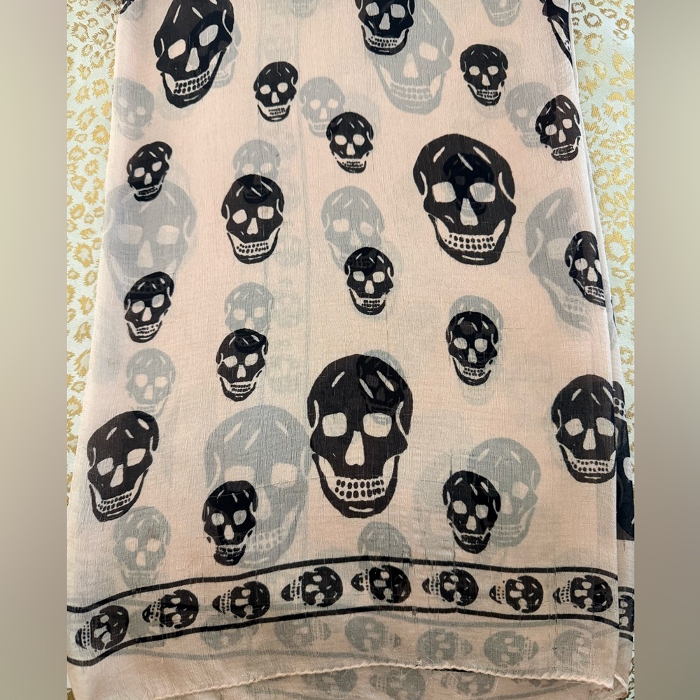 Alexander McQueen Black Skull Motif Printed Nude Silk Scarf